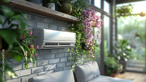 modern air conditioner in a cozy, plant-filled room with natural light streaming in.