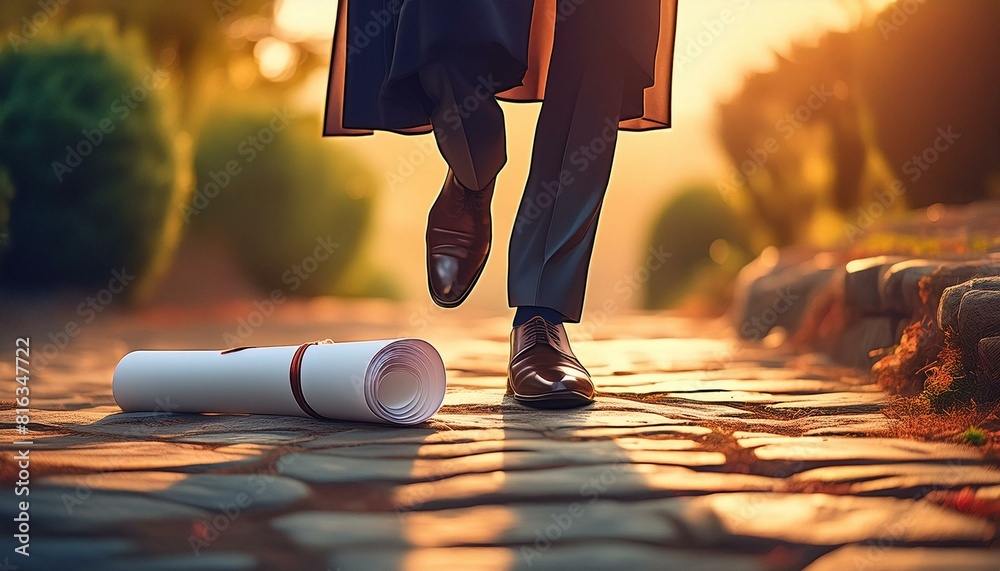 Obraz premium A creative shot looking down at a graduate’s feet, one foot stepping forward.