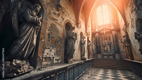 Weathered Angel Statues in an Abandoned Church with Ai generated.
