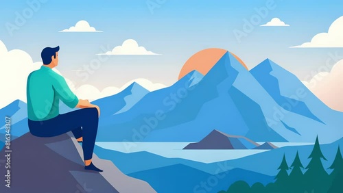 A man sits on a mountain top the stunning view and sense of accomplishment from reaching the summit bringing him pure happiness. photo
