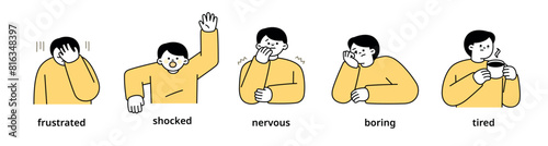 Boy upper body character expressing 5 different emotions - Set 6. Simple outline vector illustration.