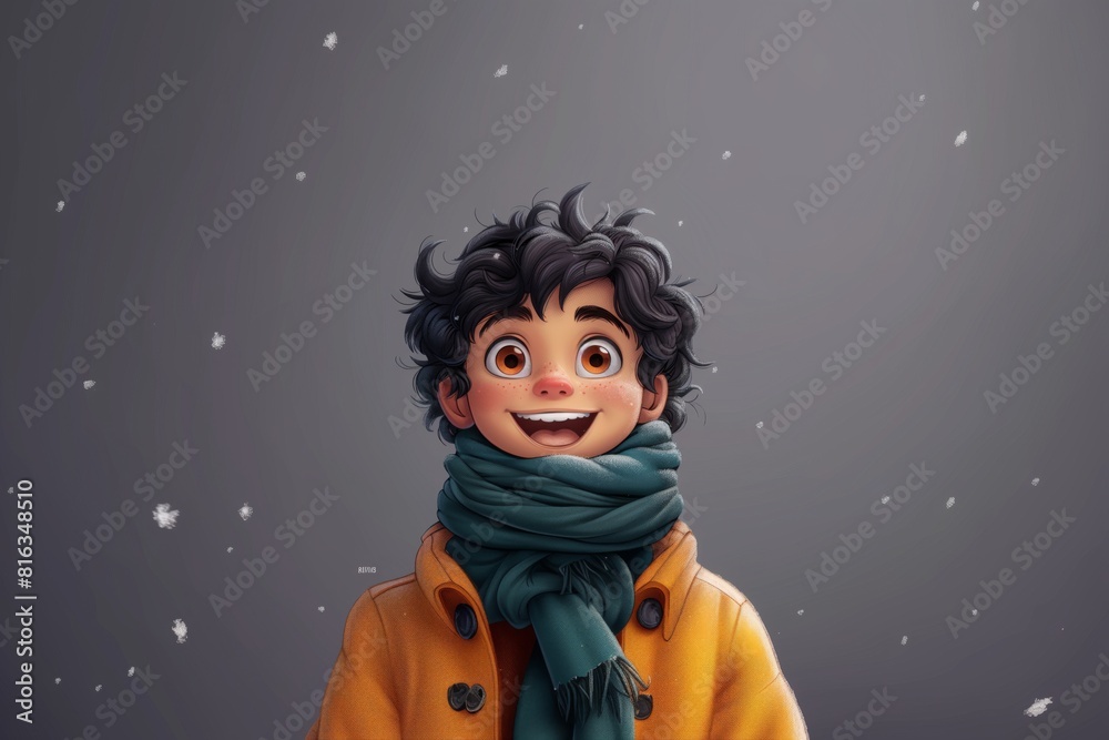 An adorable cartoon boy bundled up in winter clothing with a cheerful expression An adorable cartoon boy bundled up in winter clothing with a cheerful expression