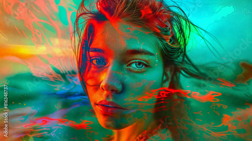 Enigmatic Portrait of a Woman in Vivid Psychedelic Colors.