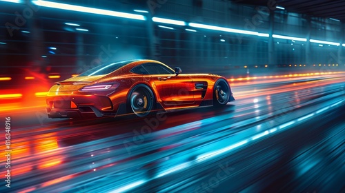 Shiny sports car in a high-speed race  glowing blue and orange lights.