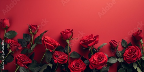 Elegant Red Roses on a Vibrant Red Background  Bottom-Aligned Floral Arrangement with Ample Top Copy Space