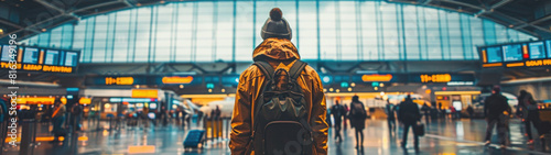 Turista feliz dentro de un aeropuerto, decidiendo a donde viajar utilizando ofertas asequibles en vacaciones. photo