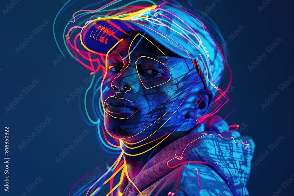 Abstract neon colored portrait of an African American man wearing a baseball cap and hoodie with holographic lines, double exposure photography and light painting techniques on a dark blue background,