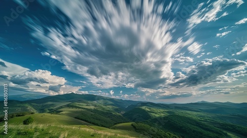 Moving clouds over green mountains captured in time lapse