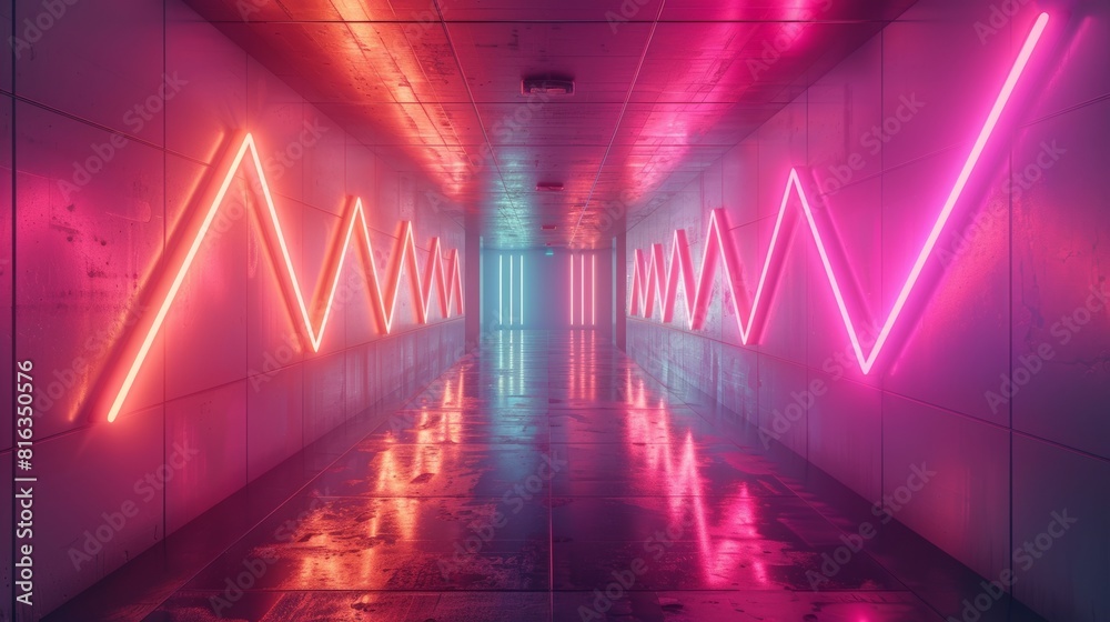 Neon light waves in futuristic corridor