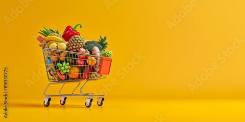 A shopping cart full of food and goods on a yellow background with copy space for a banner design. photo