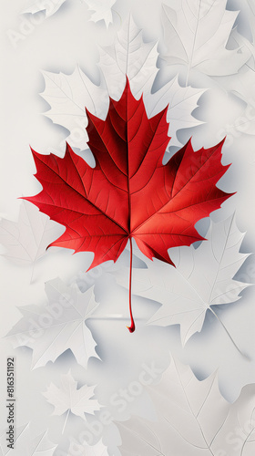 Vibrant Red Maple Leaf on White Background.  Canada Day Design Poster. photo