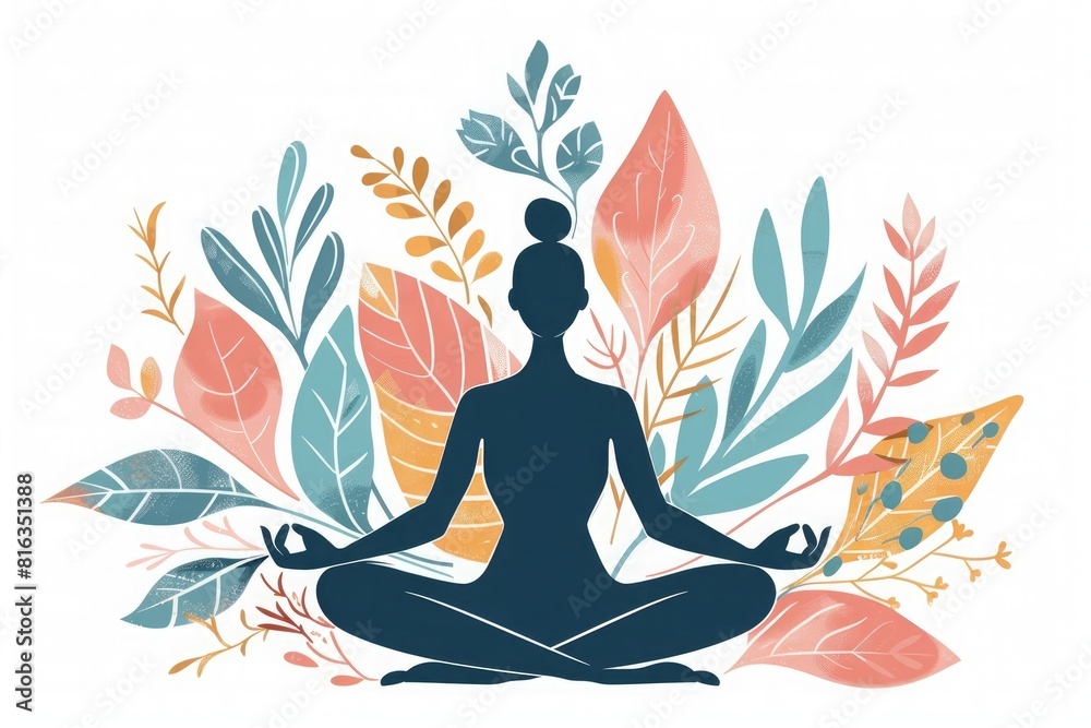 Abstract yoga illustration with colorful leaves and a meditating person silhouette on a white background vector. An illustration of abstract organic plants, flowers or branches around the body
