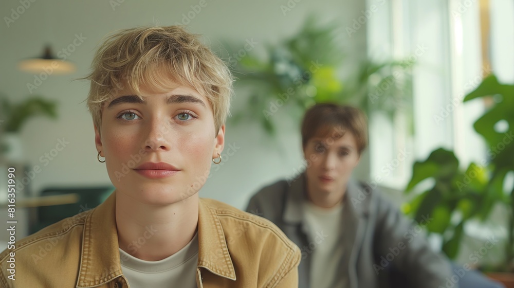 Two young woman, twins, in the office, talking to the camera while sitting on a sofa. Two young woman, twins, in the office, talking to the camera while sitting on a sofa.