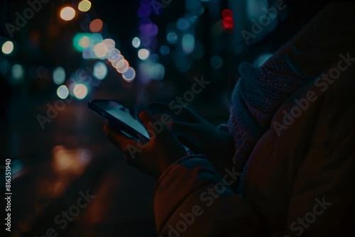 Close-up view of a hand using a mobile phone with social media icons floating on the screen photo