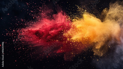 Colorful Holi Powder Explosion on Black Background with Spanish Flag Colors © hisilly