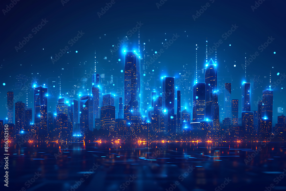In a futuristic skyline, modern skyscrapers soar, defining the landscape of a smart city, symbolizing innovation, progress, and urban sophistication In a futuristic skyline, modern skyscrapers soar, defining the landscape of a smart city, symbolizing innovation, progress, and urban sophistication