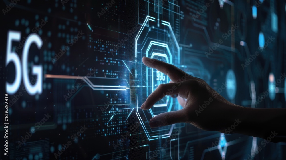 hand touching the screen, 5G Network Internet. hand touching the screen, 5G Network Internet.