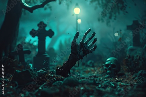 Zombie Hand Rising Out Of A Graveyard In Spooky Night - generative ai