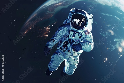 An astronaut floating in space over the earth, the astronaut with a spacesuit on his back is flying above planet Earth photo