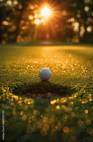 golf cort, sunsen, goldf ball very close to hole photo