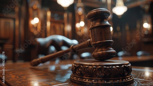 Judge's gavel about to strike in a courtroom setting, symbolizing the moment of judgment