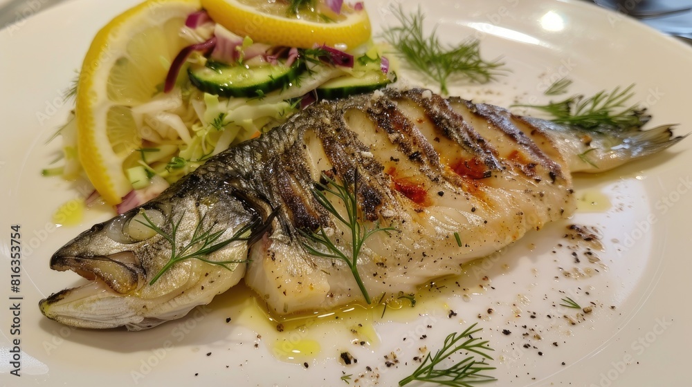 Dorado cooked in salt with rosemary and lemon accompanied by a fresh vegetable salad with cabbage cucumbers dill and olive oil dressing Dorado cooked in salt with rosemary and lemon accompanied by a fresh vegetable salad with cabbage cucumbers dill and olive oil dressing