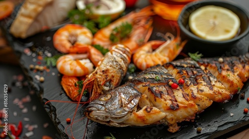 An exotic arrangement of halal seafood dishes, including grilled fish and shrimp, presented on a black stone plate, with copy space for branding or descriptions, Close up