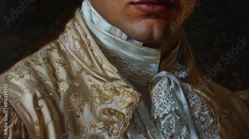 An intimate portrait of a man in Victorian attire, painted in the classical realism style, capturing the subtle expressions and fine details of his face and dress, Close up photo