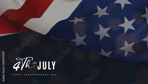 Happy 4th of July independence day USA banner template with firework and USA cityscape on a navy blue background. Vector illustration.