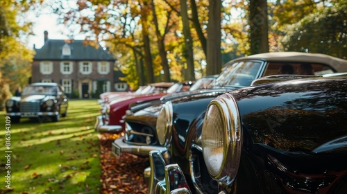 An oldfashioned mafia meeting at a countryside estate, with classic cars lined up in front, as members arrive in style for a secretive summit, Close up photo