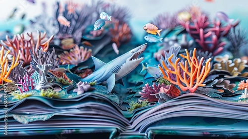 An open popup book featuring an underwater ocean scene, with layers of coral, fish, and a shark that moves when the pages are turned, Close up photo
