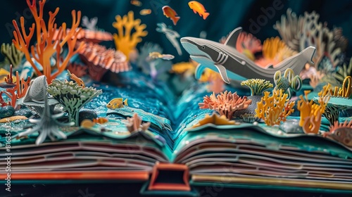 An open popup book featuring an underwater ocean scene, with layers of coral, fish, and a shark that moves when the pages are turned, Close up photo