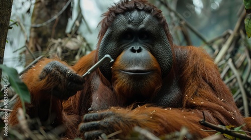 An orangutan using tools to forage for food, showcasing its problemsolving skills in a natural forest habitat, Close up photo