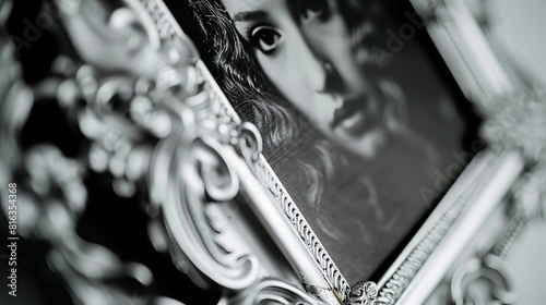An ornate silver frame holding a black and white portrait, the intricate details of the frame enhancing the timeless elegance of the photograph, Close up photo
