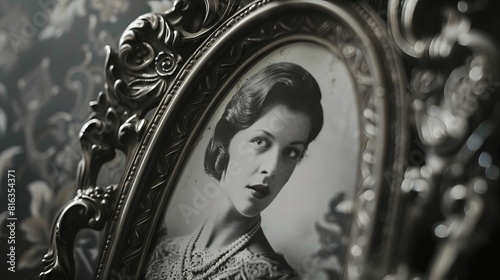 An ornate silver frame holding a black and white portrait, the intricate details of the frame enhancing the timeless elegance of the photograph, Close up photo