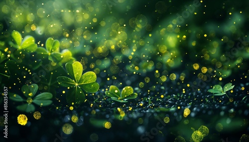 Brilliant kelly green bokeh clovers scattered across a black backdrop for St. Patrick's Day photo