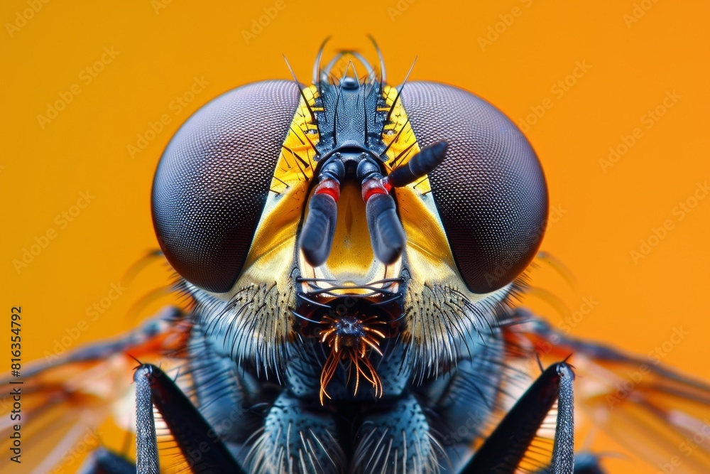 Close-up of a flys head and eyes on an orange background. Compound eyes ...