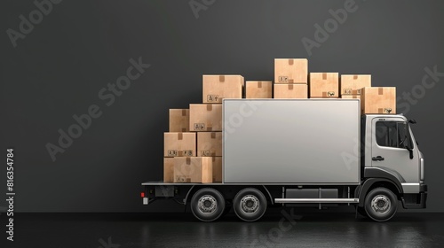 Truck full of carton boxes, shipping and delivery of goods, with dark gray backgrounds  © millionaire