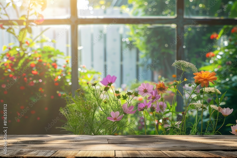 Wood table top on blur of window with garden flower background in morning.For montage product display or design key visual layout - generative ai Wood table top on blur of window with garden flower background in morning.For montage product display or design key visual layout - generative ai