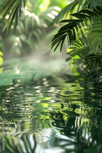 Green Jungle Reflection on Calm Water Surface