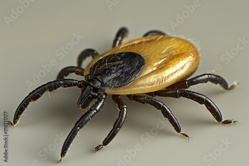 A detailed macro photograph capturing a tick on a pristine white background. This isolated and minimalistic image showcases intricate textures and fine details of the subject photo