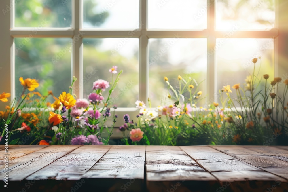 Wood table top on blur of window with garden flower background in morning.For montage product display or design key visual layout - generative ai Wood table top on blur of window with garden flower background in morning.For montage product display or design key visual layout - generative ai