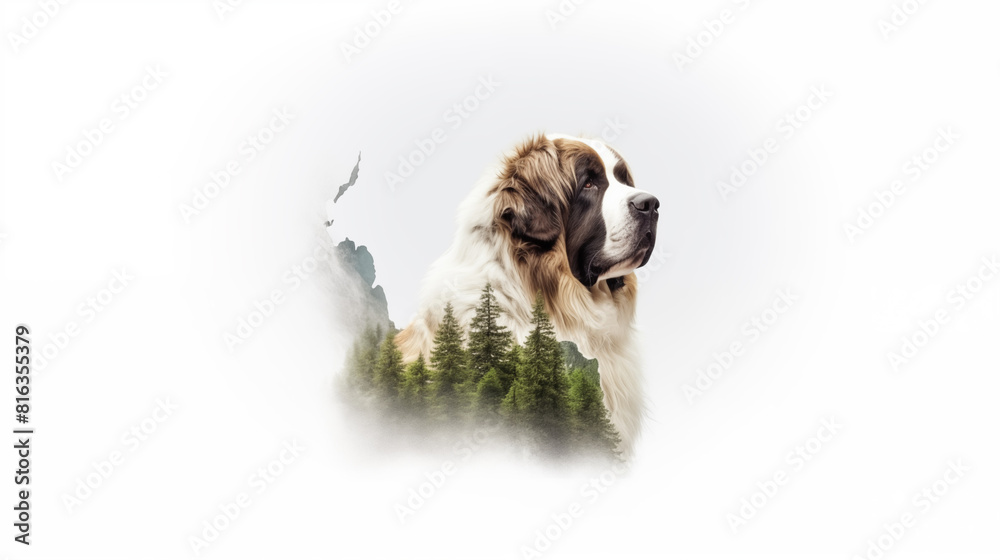 Double Exposure White Background long haired St. Bernard illustration ~ Created using Generative AI Double Exposure White Background long haired St. Bernard illustration ~ Created using Generative AI