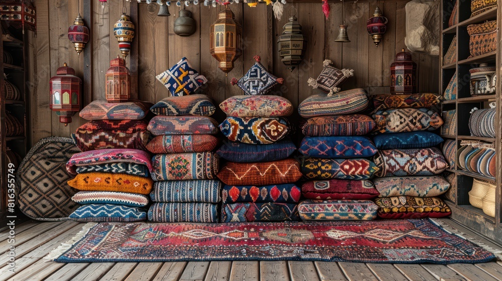 Vintage Arabian Textile Stack with Pillows, Carpets, and Lanterns in Cozy Wooden Room