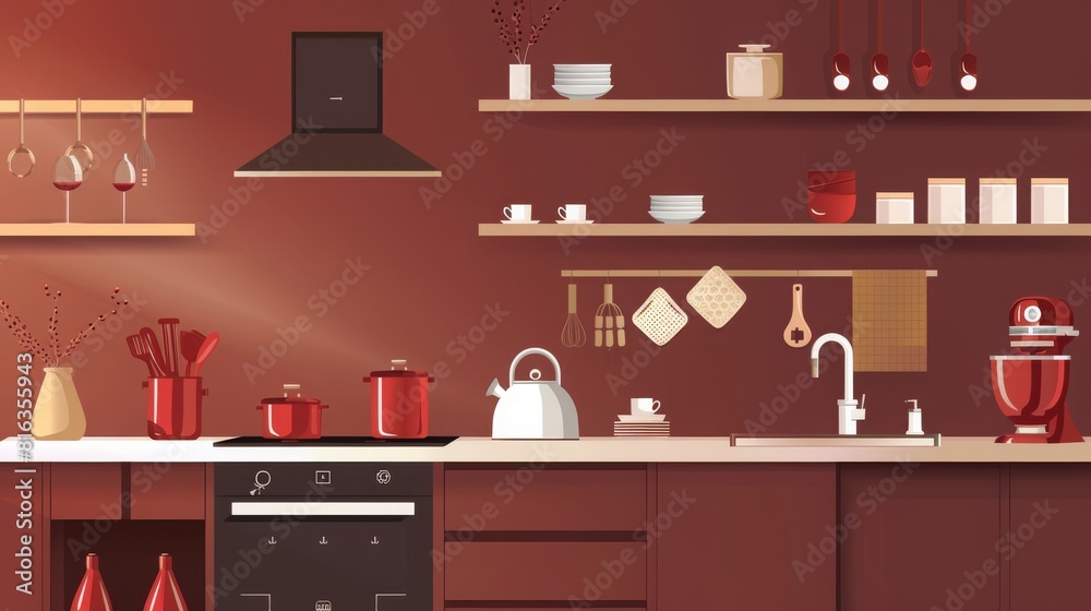 maroon home kitchen interior with kitchenware on counter and shelves