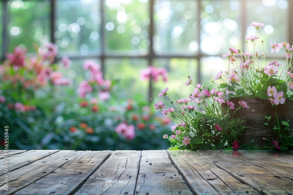 Wood table top on blur of window with garden flower background in morning.For montage product display or design key visual layout - generative ai