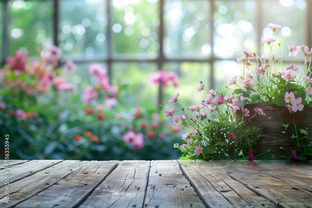 Wood table top on blur of window with garden flower background in morning.For montage product display or design key visual layout - generative ai Wood table top on blur of window with garden flower background in morning.For montage product display or design key visual layout - generative ai