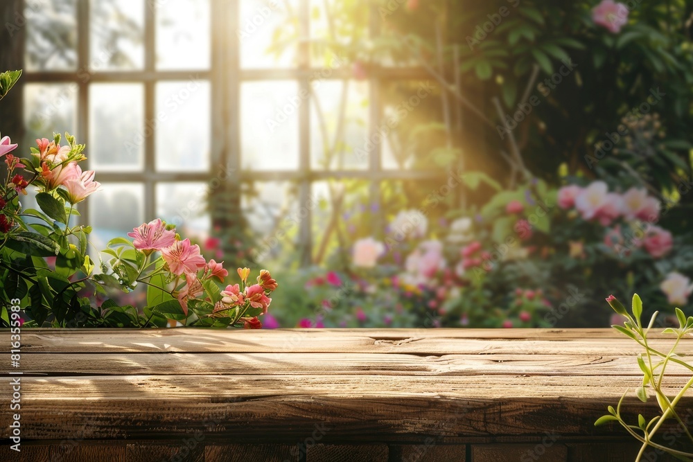Wood table top on blur of window with garden flower background in morning.For montage product display or design key visual layout - generative ai