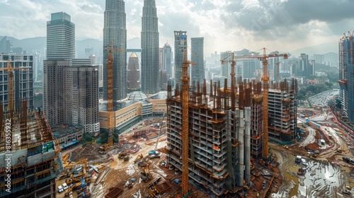 In the heart of a burgeoning metropolis, a construction site hums with activity as engineers oversee the assembly of a new architectural marvel. photo