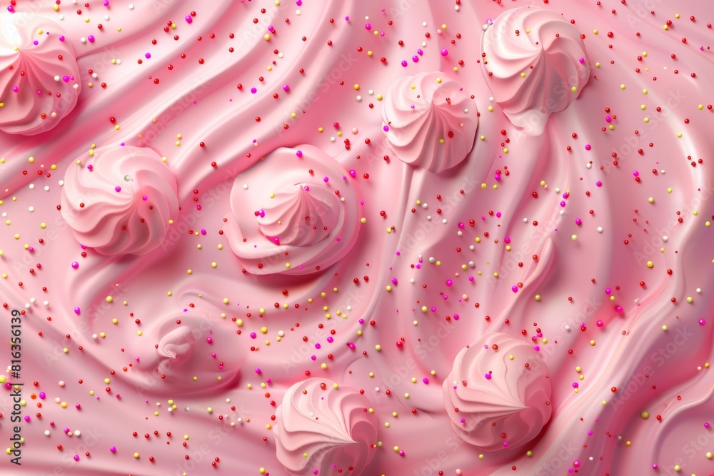 Pink whipped cream and sugar sprinkles on pink background Pink whipped cream and sugar sprinkles on pink background